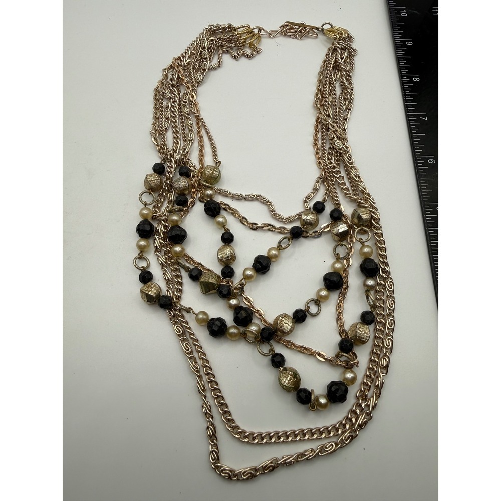 Vintage West Germany Multi Strand Gold Tone Black Bead Faux Pearl Necklace